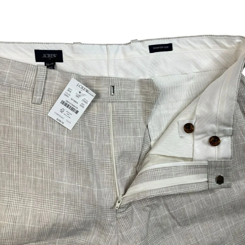 J Crew Suit Pants Mens 33x30 Beige Linen Windowpane Plaid Thompson Lightweight
